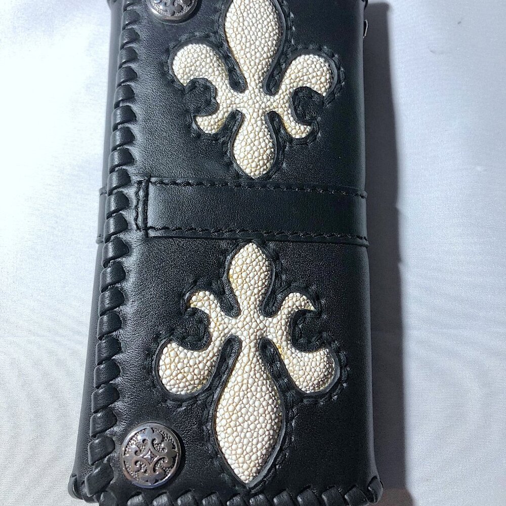 Leather Wallet , trifold, with sting ray Fleur de lis on front. Motorcycle item